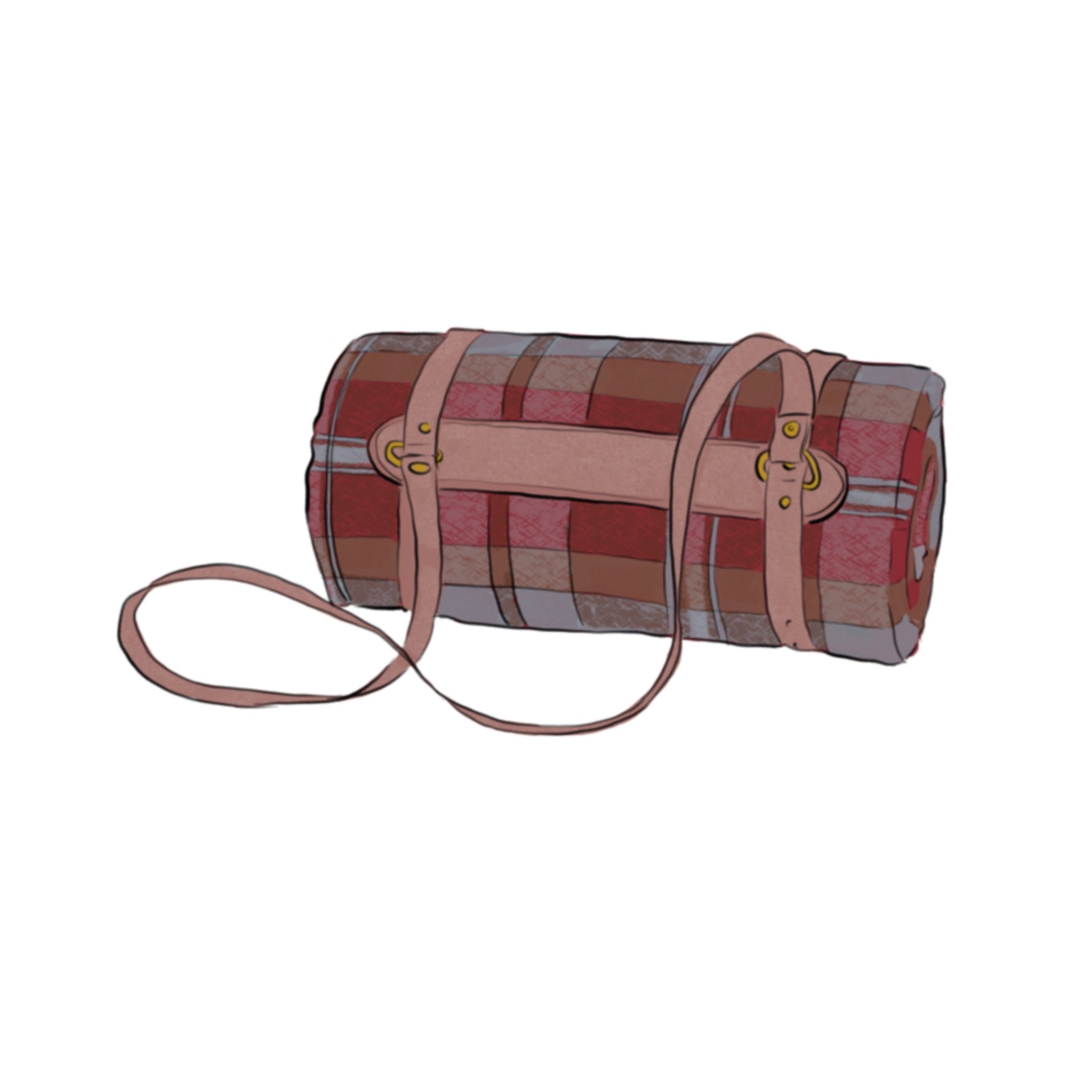 Illustration of plaid blanket rolled up with a leather carrying strap around it.