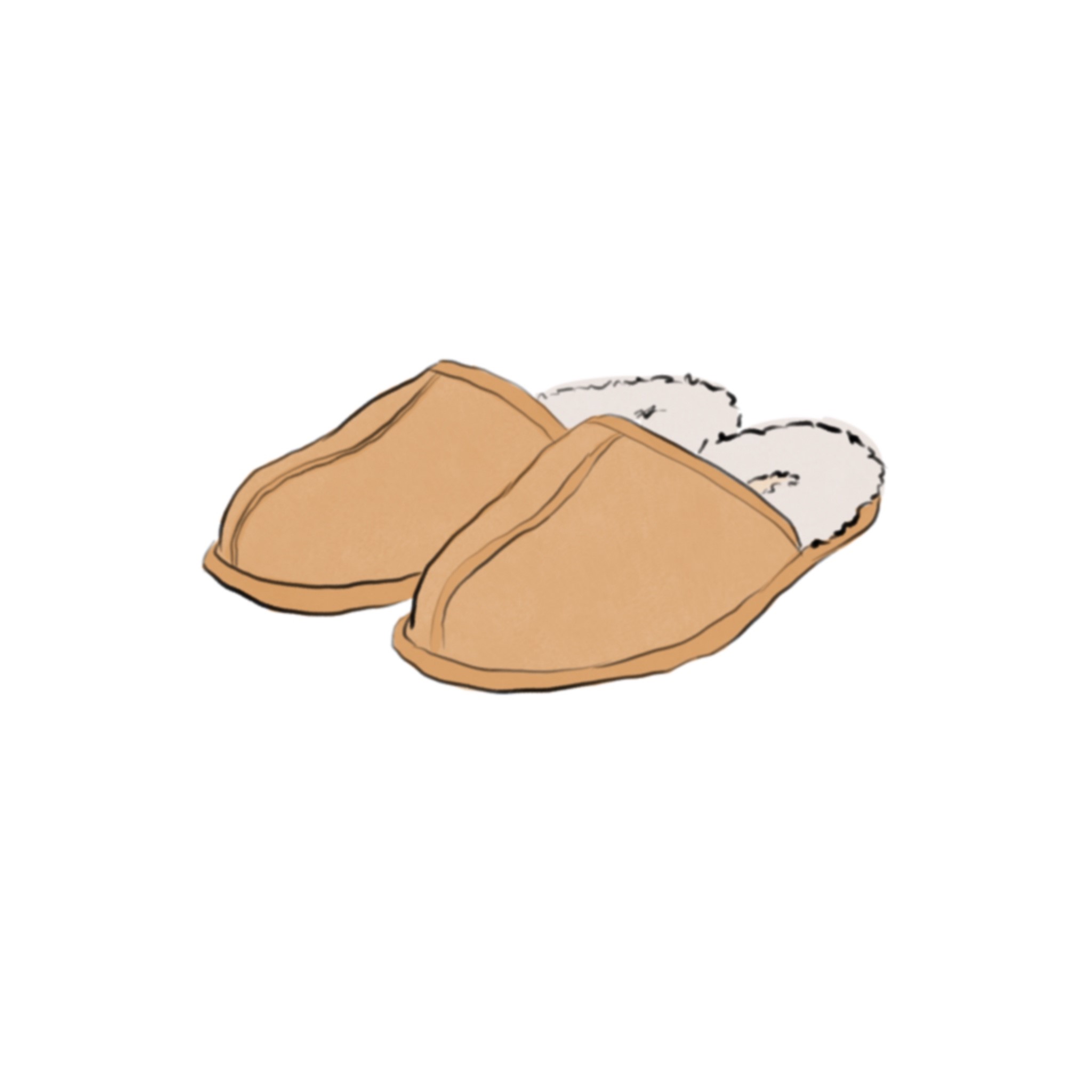Illustration of a pair of tan slippers with fluffy white lining and open heels.
