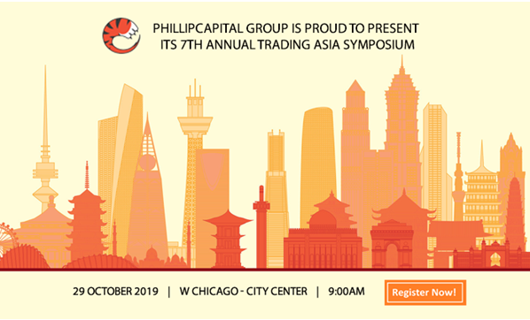 Illustration of city skyline in red, yellow, and orange advertising Trading Asia Symposium.
