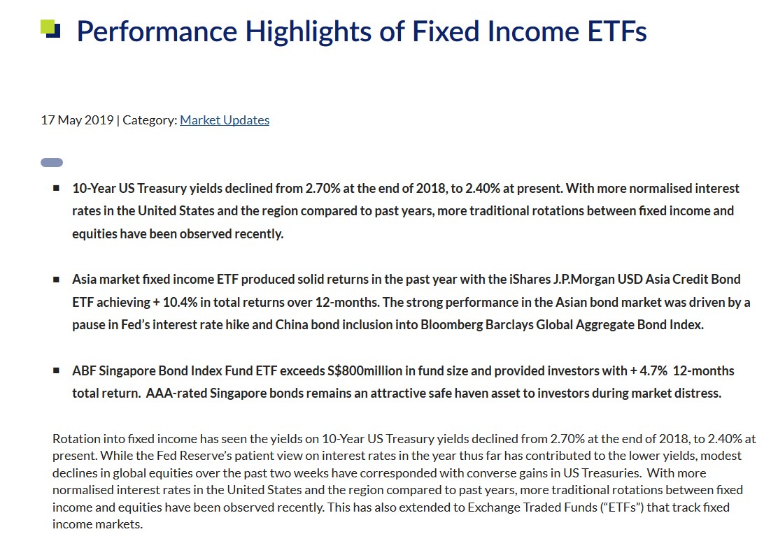 Sgx Performance Highlights Of Fixed Income Etfs Phillipcapital