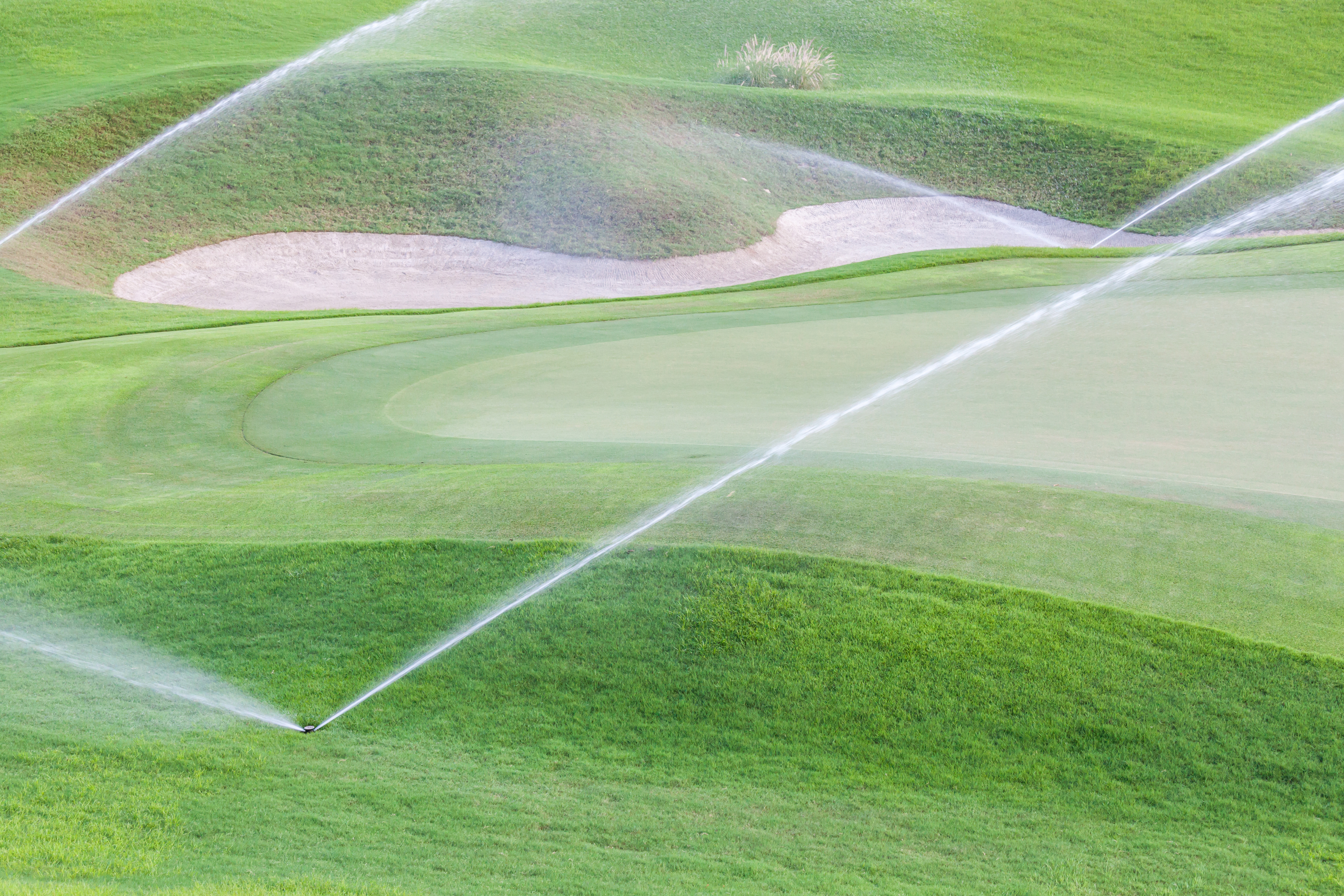 The Markets Corner: Water. Sprinklers irrigate the green grass around a golf course sand trap.