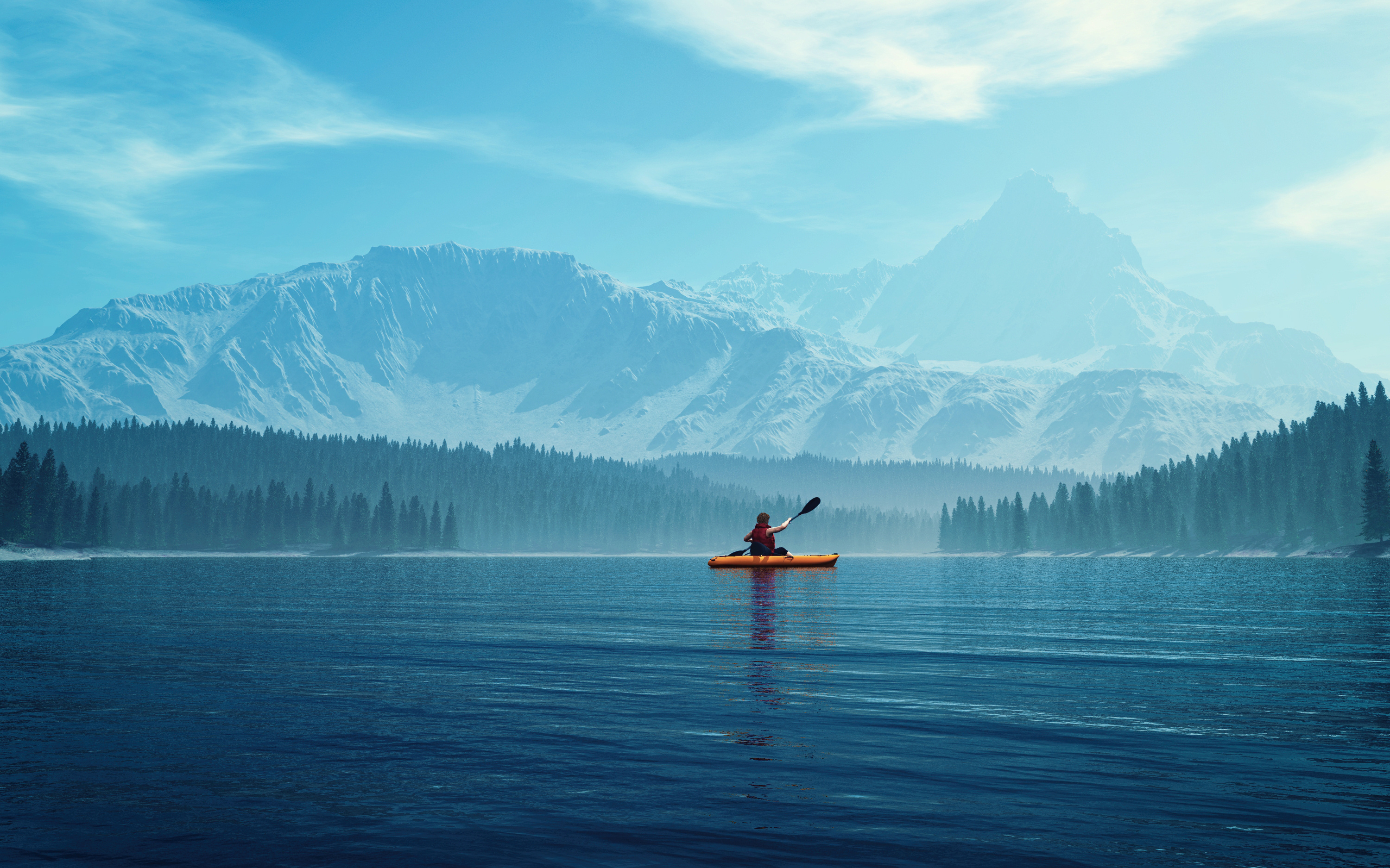 Photo of person in orange kayak, paddling across calm blue water with blue-hued forests and large snowy blue mountains in the background.
