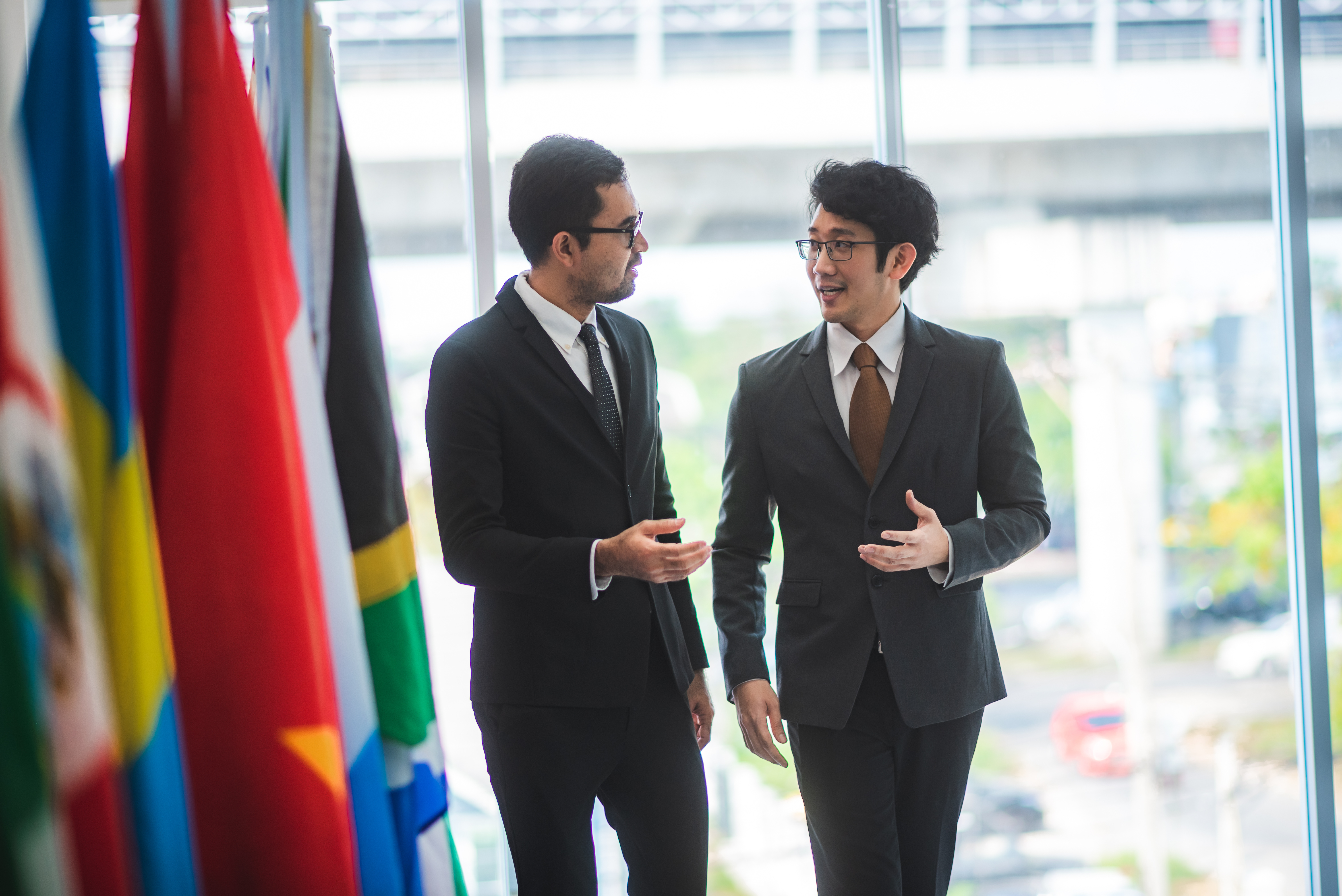 Photo of two middle-aged men in business suits and glasses, talking to each other as they walk past a row of flags of different countries.