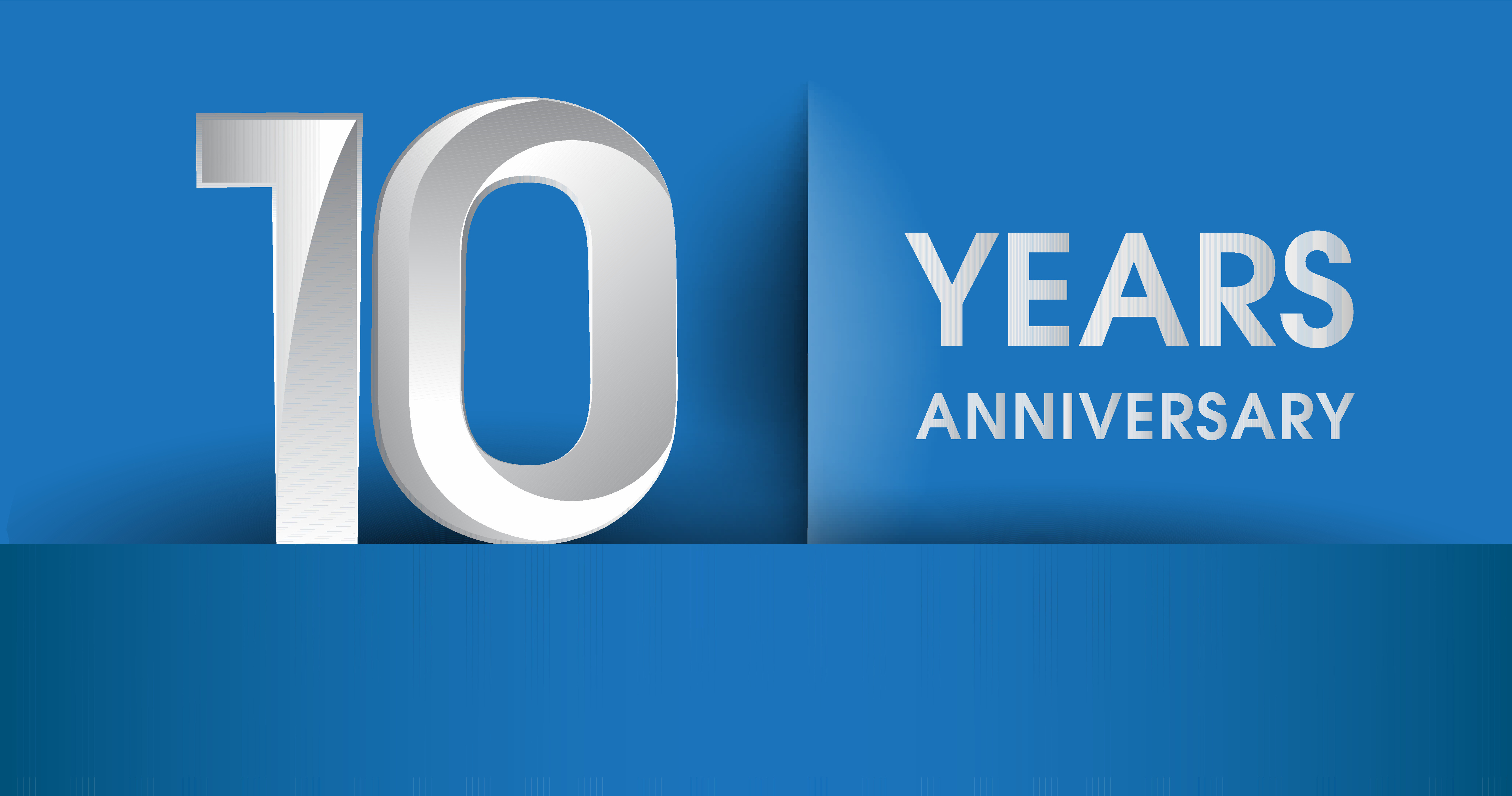 Decorative white text saying "10 YEARS ANNIVERSARY" on angular blue background.