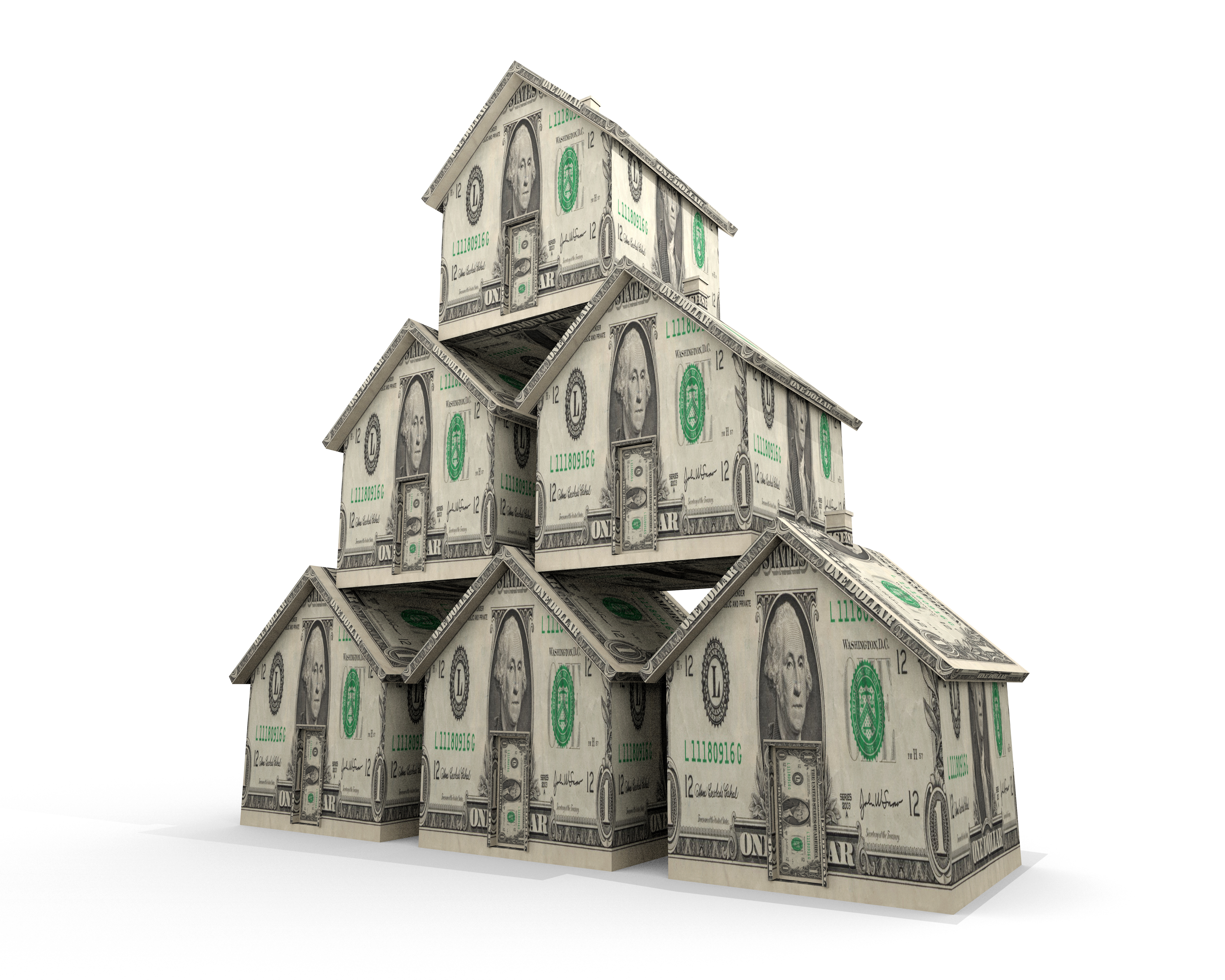 Pyramid of six model houses, each papered with images of U.S. dollars.