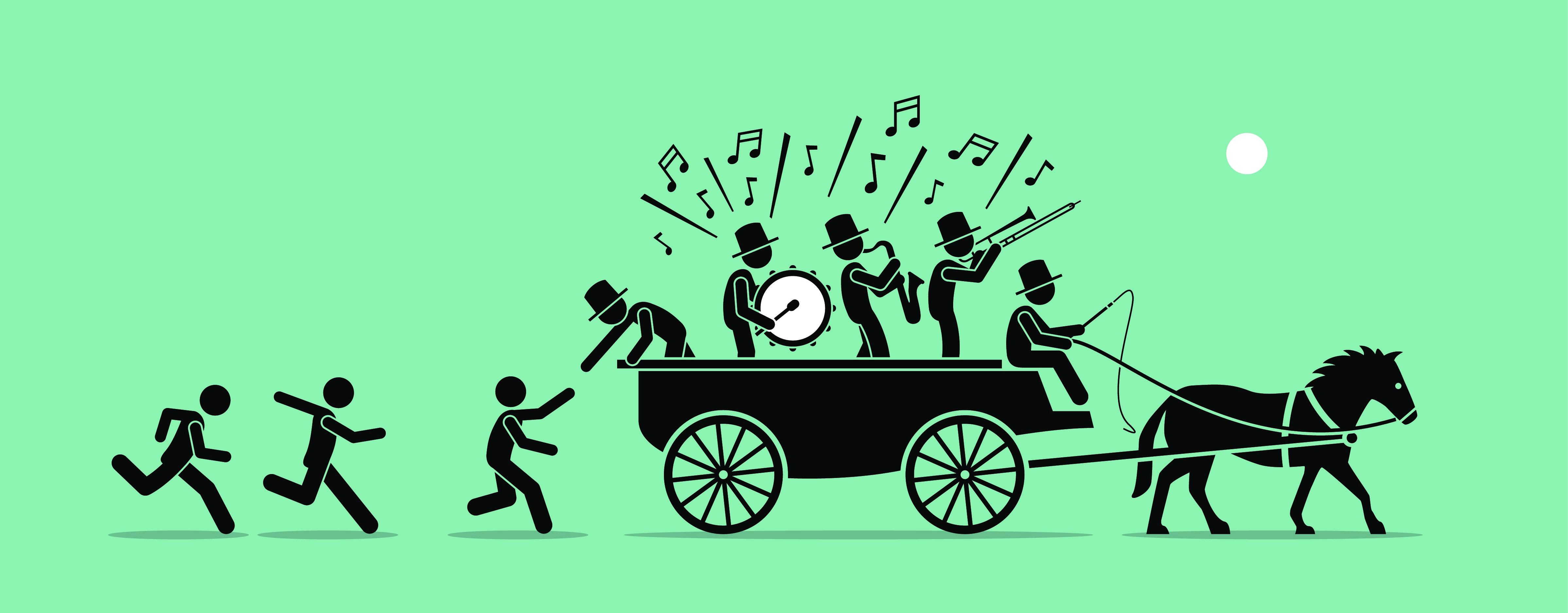 Illustration of musicians atop a horse-drawn wagon with people running behind.