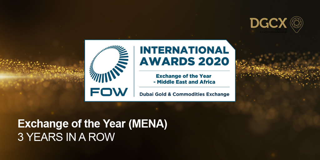 Graphic showing blue and white FOW International Awards 2020 logo and listing Dubai Gold & Commodities Exchange as the Exchange of the Year-Middle East and Africa. Behind is a dark background with stylized gold design. DGCX logo in upper right corner; lower left corner reads, "Exchange of the Year (MENA) 3 YEARS IN A ROW"