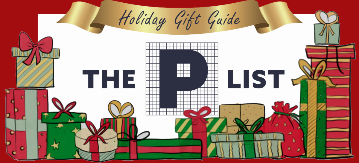 Gold ribbon reading "Holiday Gift Guide" above white field with blue lettering saying, "The P List," surrounded by illustrated gift packages, all surrounded by red background.