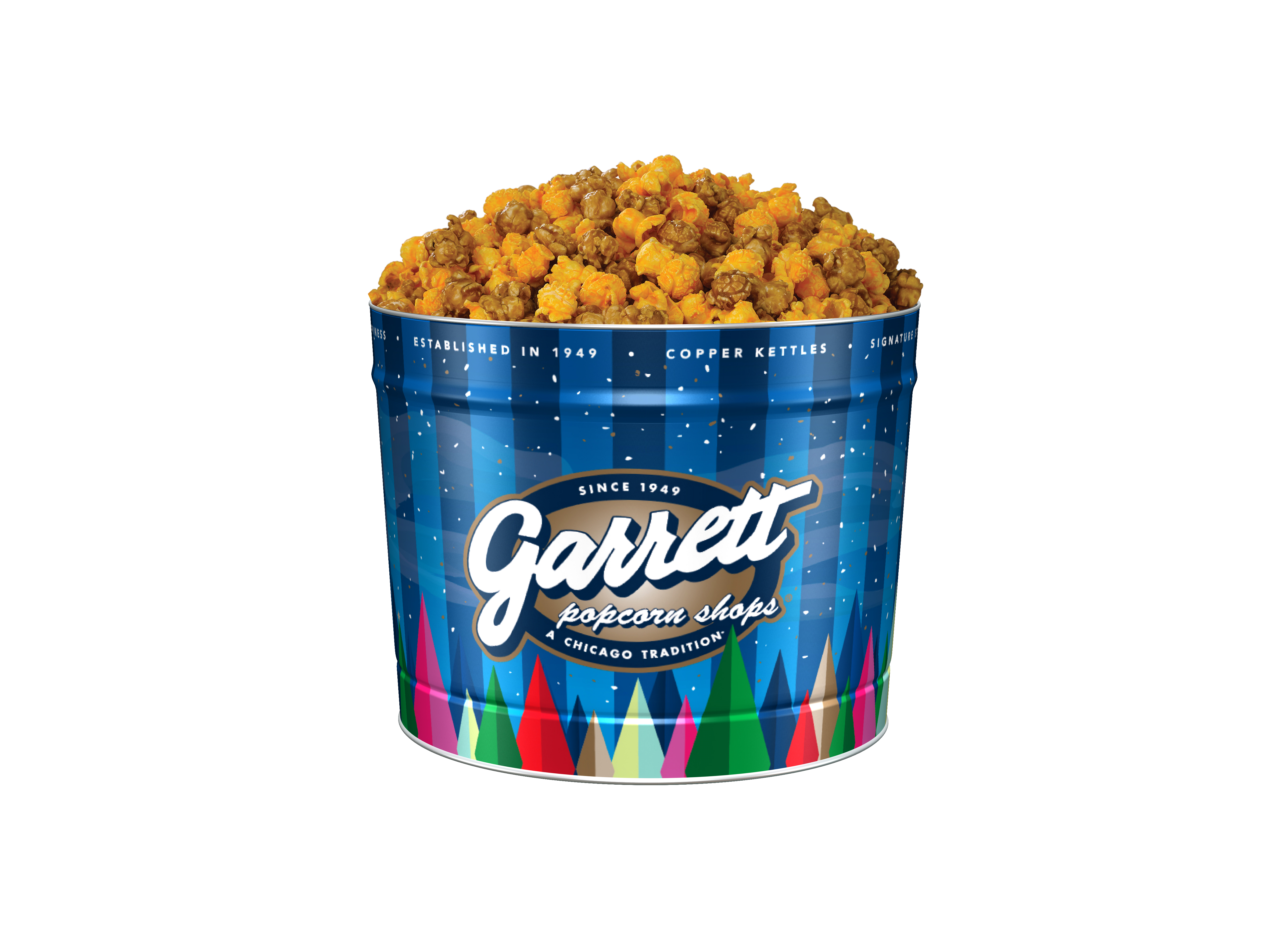 Wide tin with vertical blue stripes, multicolor stylized trees along bottom, and Garrett Popcorn Shops logo in center, heaped with Garrett Mix popcorn.